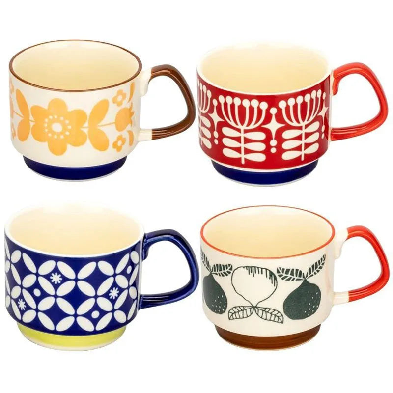 300ml Japanese Flower Coffee Mug Set Retro Ceramic Milk Oats Mug Office Water Handgrip Cup Kitchen Party Drinkware Set