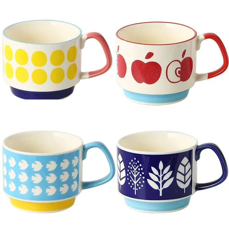 300ml Japanese Flower Coffee Mug Set Retro Ceramic Milk Oats Mug Office Water Handgrip Cup Kitchen Party Drinkware Set